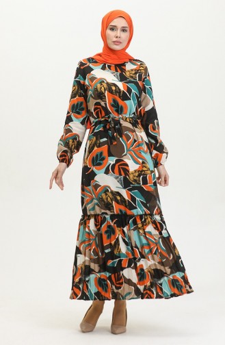 Alisa Flounced Belted Viscose Dress 4599L-01 Black Petrol 4599L-01