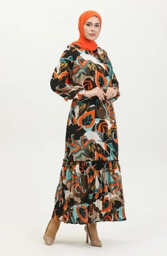 Alisa Farbalı Kuşaklı Viskon Elbise 4599L-01 Siyah Petrol