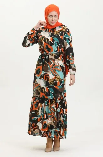 Alisa Farbalı Kuşaklı Viskon Elbise 4599L-01 Siyah Petrol