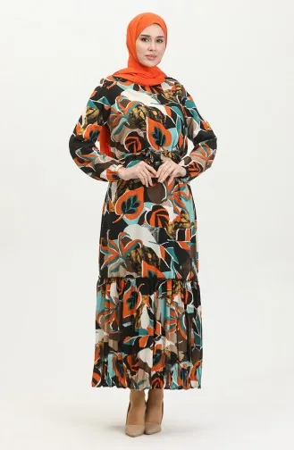 Alisa Farbalı Kuşaklı Viskon Elbise 4599L-01 Siyah Petrol