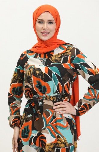 Alisa Flounced Belted Viscose Dress 4599L-01 Black Petrol 4599L-01