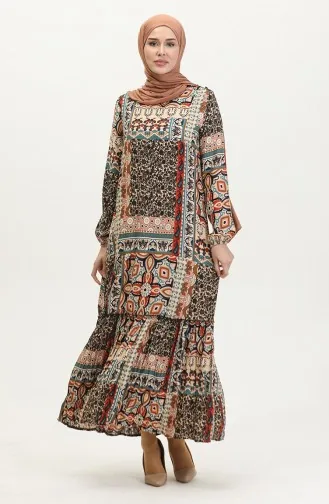 Alisa Farbalı Kuşaklı Viskon Elbise 4599M-01 Bej Kiremit