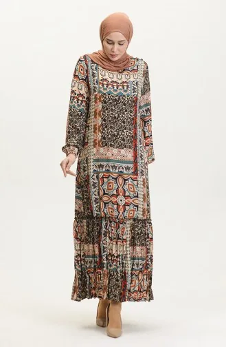 Alisa Farbalı Kuşaklı Viskon Elbise 4599M-01 Bej Kiremit