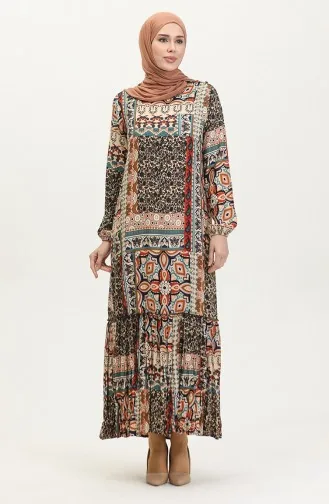 Alisa Farbalı Kuşaklı Viskon Elbise 4599M-01 Bej Kiremit