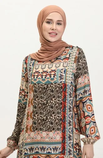 Alisa Farbalı Kuşaklı Viskon Elbise 4599M-01 Bej Kiremit