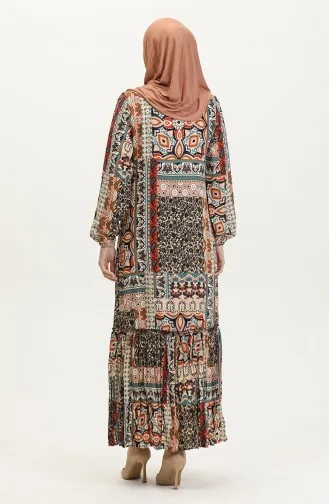 Alisa Farbalı Kuşaklı Viskon Elbise 4599M-01 Bej Kiremit