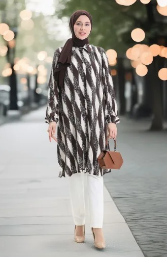 Viskon Düğmeli Tunik 992032B-03 Kahverengi