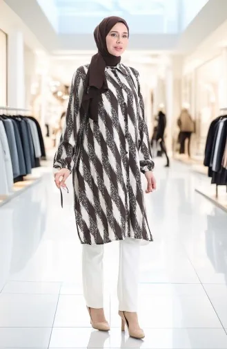 Viskon Düğmeli Tunik 992032B-03 Kahverengi