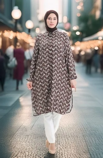 Viskon Düğmeli Tunik 992032C-02 Kahverengi