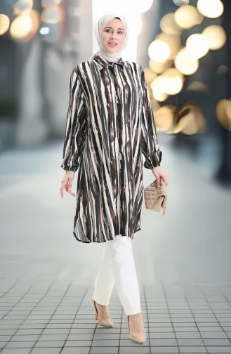 Viskon Düğmeli Tunik 992032E-03 Kahverengi Gri