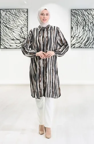 Viskon Düğmeli Tunik 992032E-03 Kahverengi Gri