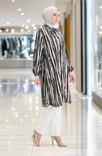 Viskon Düğmeli Tunik 992032E-03 Kahverengi Gri