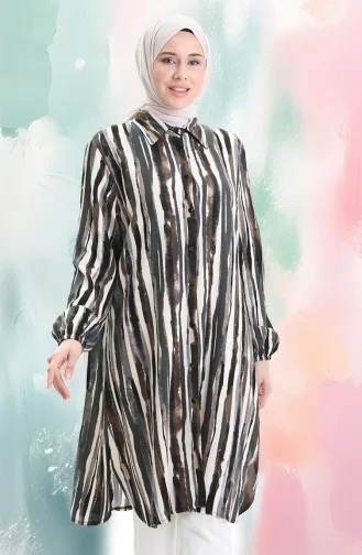 Viskon Düğmeli Tunik 992032E-03 Kahverengi Gri