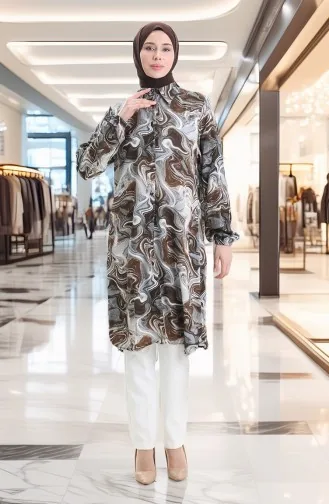 Viskon Düğmeli Tunik 992032F-01 Kahverengi Gri
