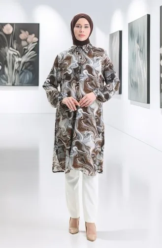 Viskon Düğmeli Tunik 992032F-01 Kahverengi Gri