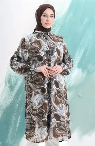 Viskon Düğmeli Tunik 992032F-01 Kahverengi Gri