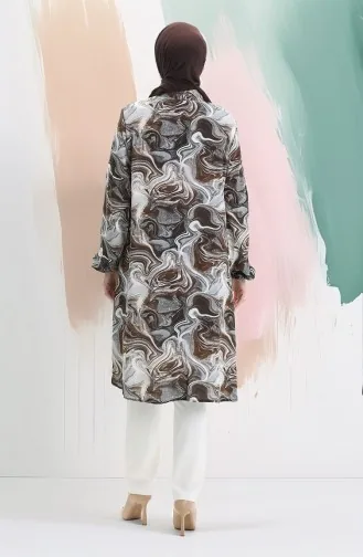 Viskon Düğmeli Tunik 992032F-01 Kahverengi Gri