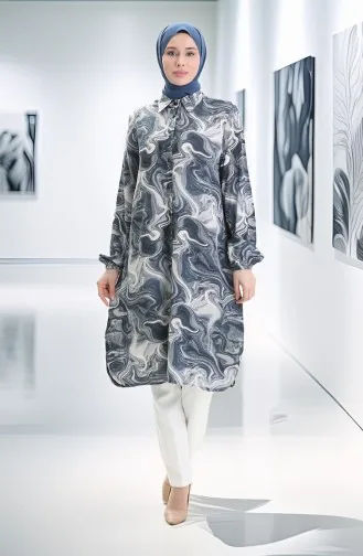 Viskon Düğmeli Tunik 992032F-03 Gri Beyaz