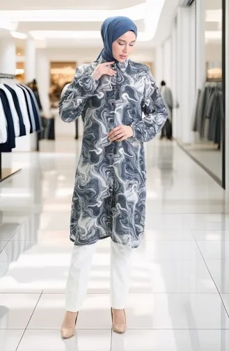 Viskon Düğmeli Tunik 992032F-03 Gri Beyaz