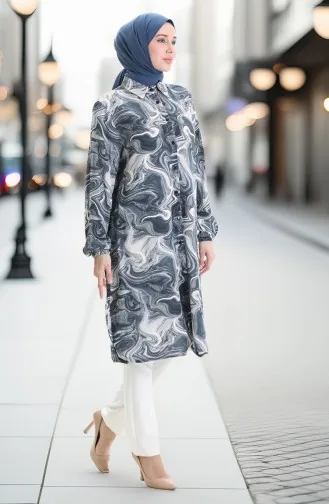 Viskon Düğmeli Tunik 992032F-03 Gri Beyaz