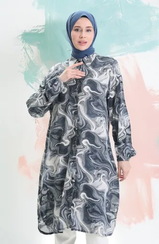 Viskon Düğmeli Tunik 992032F-03 Gri Beyaz
