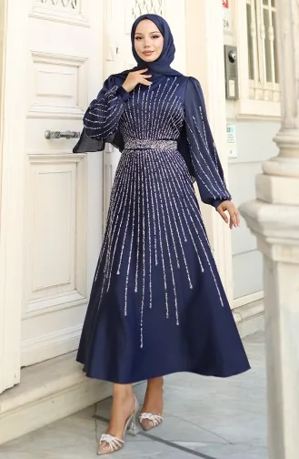 Abendkleid Aus Satin Mit Steinen 5802-02 Marineblau 5802-02