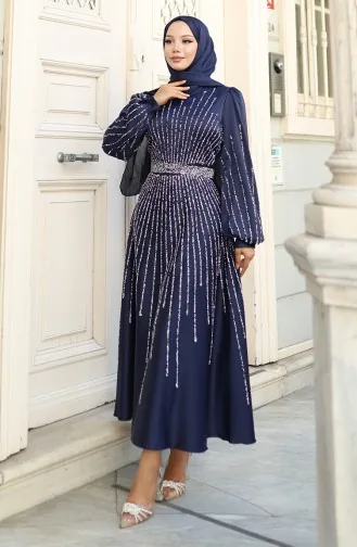 Abendkleid Aus Satin Mit Steinen 5802-02 Marineblau 5802-02