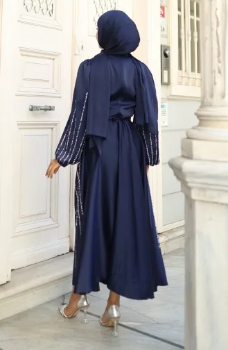 Abendkleid Aus Satin Mit Steinen 5802-02 Marineblau 5802-02