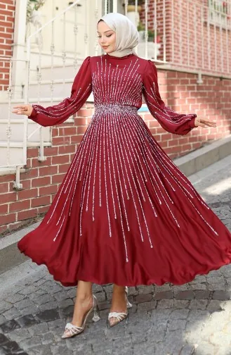 Abendkleid Aus Satin Mit Steinen 5802-03 Burgund 5802-03