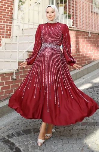 Abendkleid Aus Satin Mit Steinen 5802-03 Burgund 5802-03