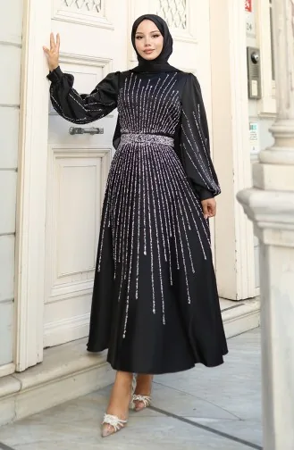 Satin Abendkleid Mit Steinen 5802-04 Schwarz 5802-04