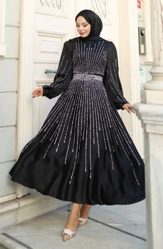 Satin Abendkleid Mit Steinen 5802-04 Schwarz 5802-04