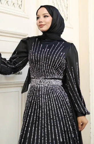 Satin Abendkleid Mit Steinen 5802-04 Schwarz 5802-04