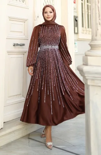Stoned Satijnen Avondjurk 5802-07 Bruin 5802-07
