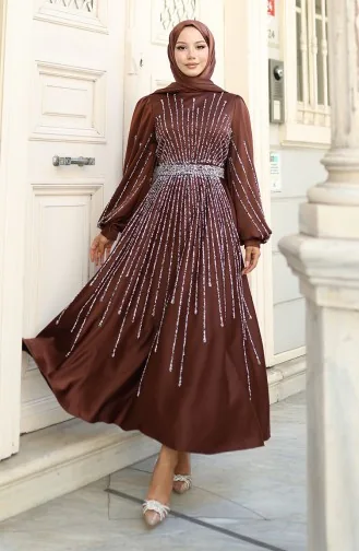 Stoned Satijnen Avondjurk 5802-07 Bruin 5802-07