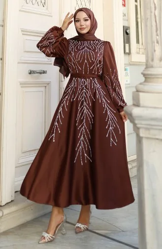 Satijnen Stenen Avondjurk 5803-01 Bruin 5803-01