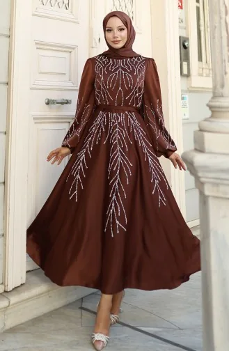 Satijnen Stenen Avondjurk 5803-01 Bruin 5803-01