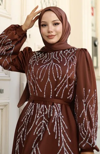 Satijnen Stenen Avondjurk 5803-01 Bruin 5803-01