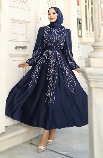 Satin Abendkleid Mit Steinen 5803-03 Marineblau 5803-03
