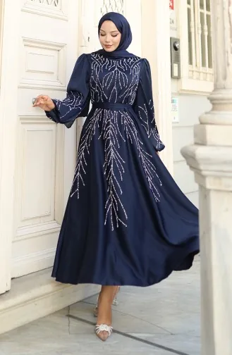 Satin Abendkleid Mit Steinen 5803-03 Marineblau 5803-03