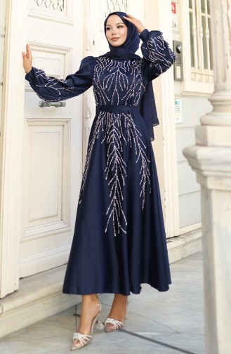 Navy Blue İslamitische Avondjurk 5803-03
