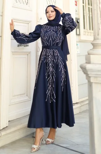 Satin Abendkleid Mit Steinen 5803-03 Marineblau 5803-03