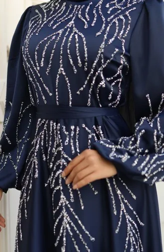 Satin Abendkleid Mit Steinen 5803-03 Marineblau 5803-03