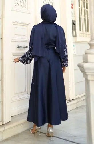 Satin Abendkleid Mit Steinen 5803-03 Marineblau 5803-03