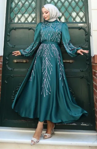 Satin Abendkleid Mit Steinen 5803-04 Smaragdgrün 5803-04