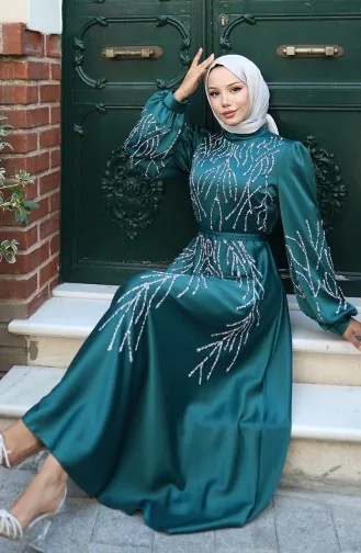 Satin Abendkleid Mit Steinen 5803-04 Smaragdgrün 5803-04
