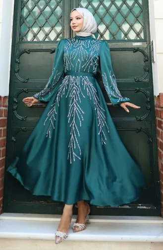 Satin Abendkleid Mit Steinen 5803-04 Smaragdgrün 5803-04