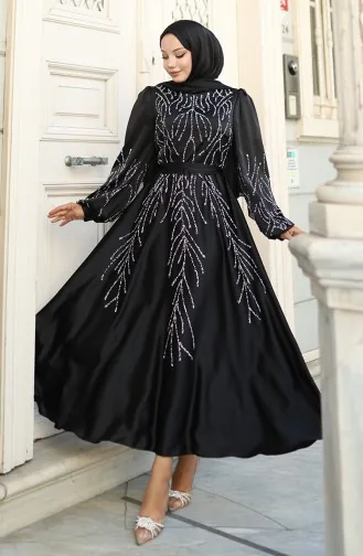 Satin Abendkleid Mit Steinen 5803-05 Schwarz 5803-05