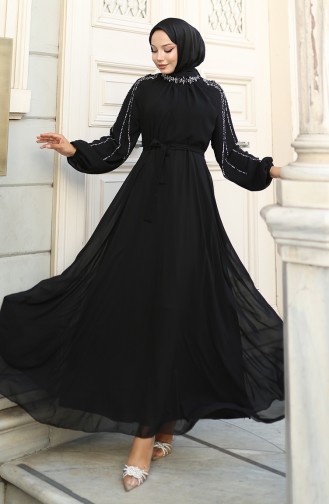 Kolu Taşlı Şifon Abiye Elbise 5804-01 Siyah