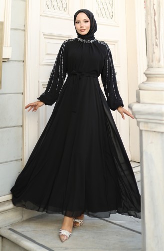 Kolu Taşlı Şifon Abiye Elbise 5804-01 Siyah